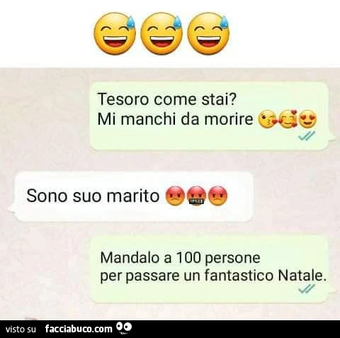 Tesoro come stai? Mi manchi da morire. Sono suo marito. Mandalo a 100 persone per passare un fantastico natale