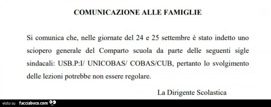 Comunicazione alle famiglie si comunica che, nelle giornate del 24 e 25 settembre è stato indetto uno sciopero generale del comparto scuola da parte delle seguenti sigle sindacali