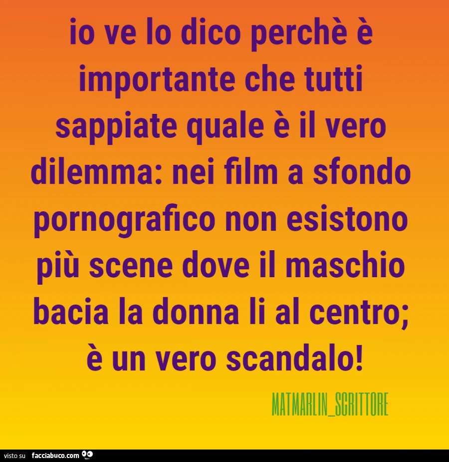 Io ve lo dico perchè è importante che tutti sappiate quale è il vero dilemma: nei film a sfondo pornografico non esistono più scene dove il maschio bacia la donna li al centro; è un vero scandalo