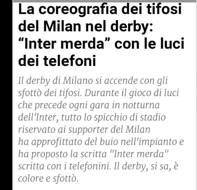 La coreografia dei tifosi del milan nel derby: inter merda con le luci dei telefoni