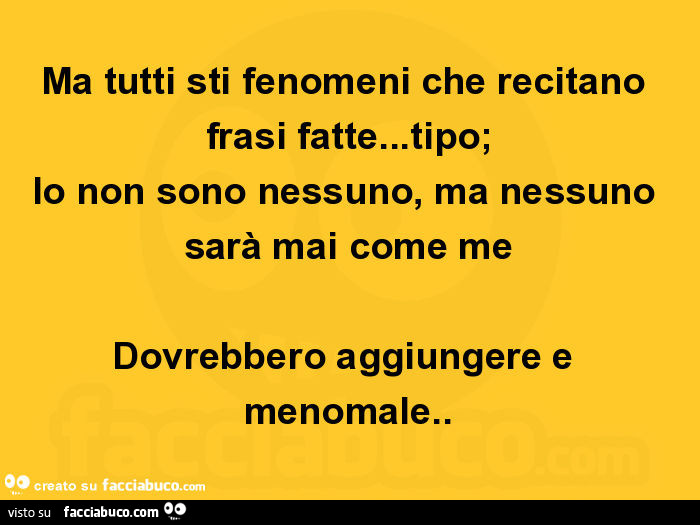 Ma tutti sti fenomeni che recitano frasi fatte… tipo; io non sono nessuno, ma nessuno sarà mai come me dovrebbero aggiungere e menomale