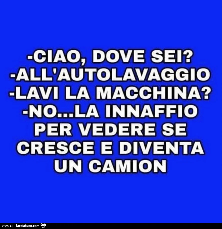 Ciao, dove sei? All'autolavaggio lavi la macchina? No&hellip; la innaffio per vedere se cresce e diventa un camion
