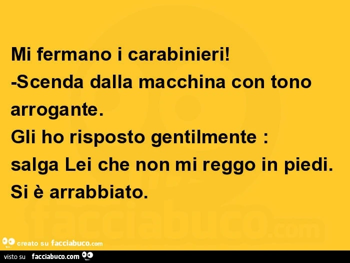 Mi fermano i carabinieri! Scenda dalla macchina con tono arrogante. Gli ho risposto gentilmente: salga lei che non mi reggo in piedi. Si รจ arrabbiato