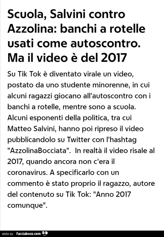 Scuoia, salvini contro azzolina: banchi a rotelle usati come autoscontro. Ma il video è del 2017