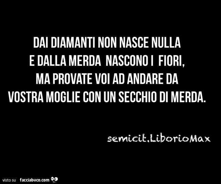 Dai diamanti non nasce nulla e dalla merda nascono i fiori, ma provate voi ad andare da vostra moglie con un secchio di merda