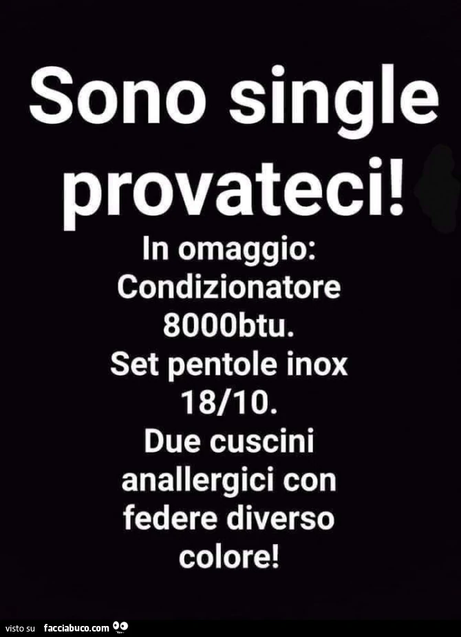 Sono single provateci! In omaggio: condizionatore 8000btu. Set pentole inox 18/10. Due cuscini anallergici con federe diverso colore