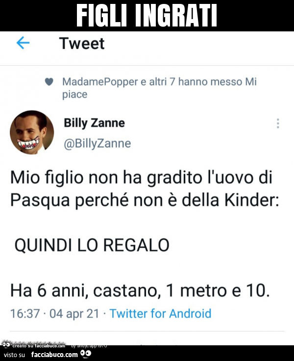 Figli ingrati. Mio figlio non ha gradito l'uovo di pasqua perché non è della kinder: quindi lo regalo. Ha 6 anni, castano, 1 metro e 10