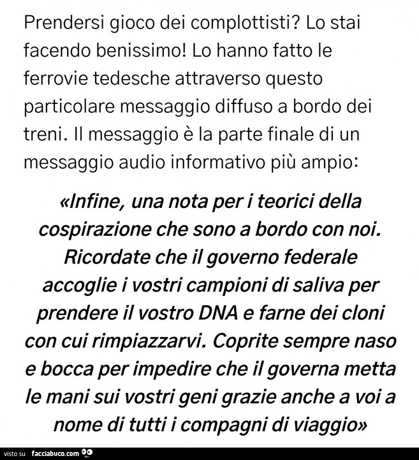 Prendersi gioco dei complottisti? Lo stai facendo benissimo! Lo hanno fatto le ferrovie tedesche attraverso questo particolare messaggio diffuso a bordo dei treni