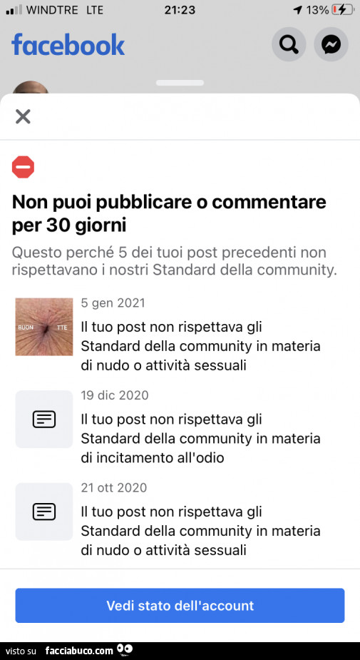 Su facebook. Non puoi pubblicare o commentare per 30 giorni