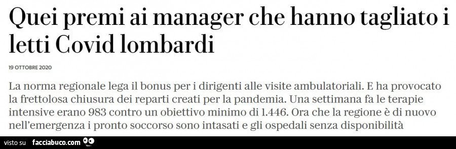 Quei premi ai manager che hanno tagliato i letti covid lombardi