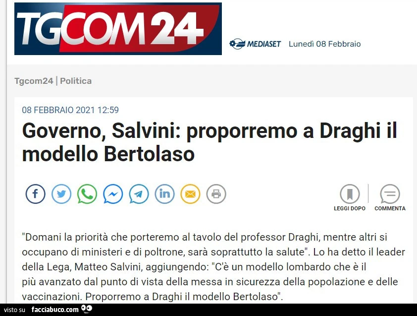 Governo, salvini: proporremo a draghi il modello bertolaso