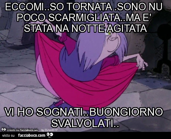 Eccomi. So tornata. Sono nu poco scarmigliata. Ma è stata na notte agitata vi ho sognati. Buongiorno svalvolati