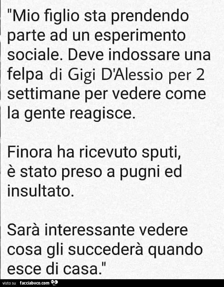 Mio figlio sta prendendo parte ad un esperimento sociale. Deve indossare una felpa di gigi d'alessio per 2 settimane per vedere come la gente reagisce