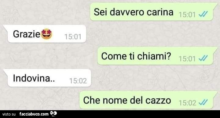 Sei davvero carina. Grazie. Come ti chiami? Indovina&hellip; Che nome del cazzo