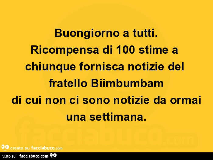 Buongiorno a tutti. Ricompensa di 100 stime a chiunque fornisca notizie del fratello biimbumbam di cui non ci sono notizie da ormai una settimana