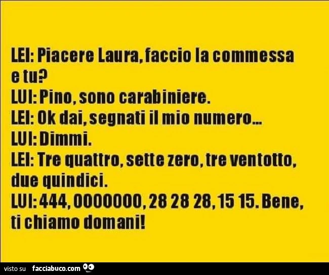 Lei: piacere laura, faccio la commessa lui: pino, sono carabiniere. Lei: ok dai, segnati il mio numero