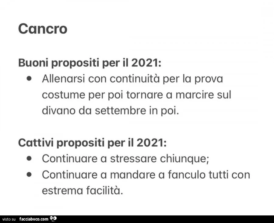 Cancro buoni propositi per il 2021: allenarsi con continuità per la prova costume per poi tornare a marcire sul divano da settembre in poi