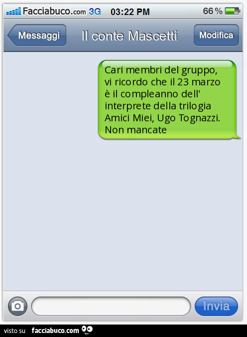 Cari membri del gruppo, vi ricordo che il 23 marzo è il compleanno dell'interprete della trilogia Amici Miei, Ugo Tognazzi. Non mancate