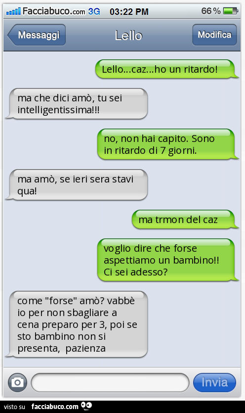Lello… caz… ho un ritardo! Ma che dici amò, tu sei intelligentissima! No, non hai capito. Sono in ritardo di 7 giorni. Ma amò, se ieri sera stavi qua! Ma trmon del caz. Voglio dire che forse aspettiamo un bambino! Ci sei adesso? Come "f